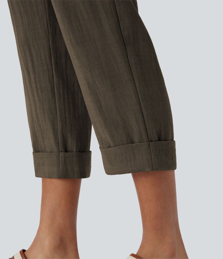 High Waisted Zipper Pocket Women Capri Linen-Feel Pants