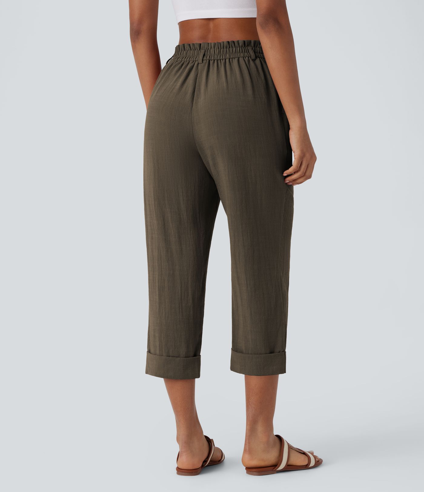High Waisted Zipper Pocket Women Capri Linen-Feel Pants