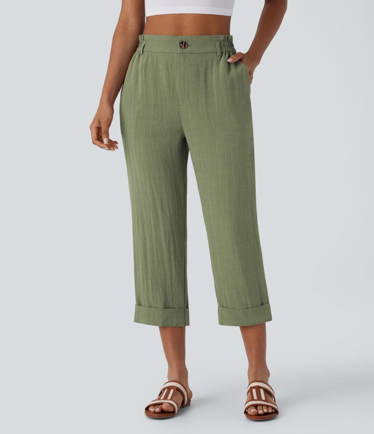High Waisted Zipper Pocket Capri Linen-Feel Pants