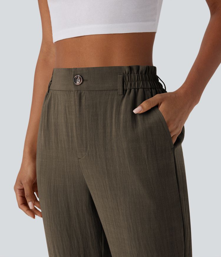 High Waisted Zipper Pocket Women Capri Linen-Feel Pants