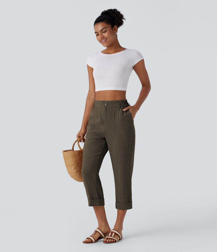 High Waisted Zipper Pocket Women Capri Linen-Feel Pants