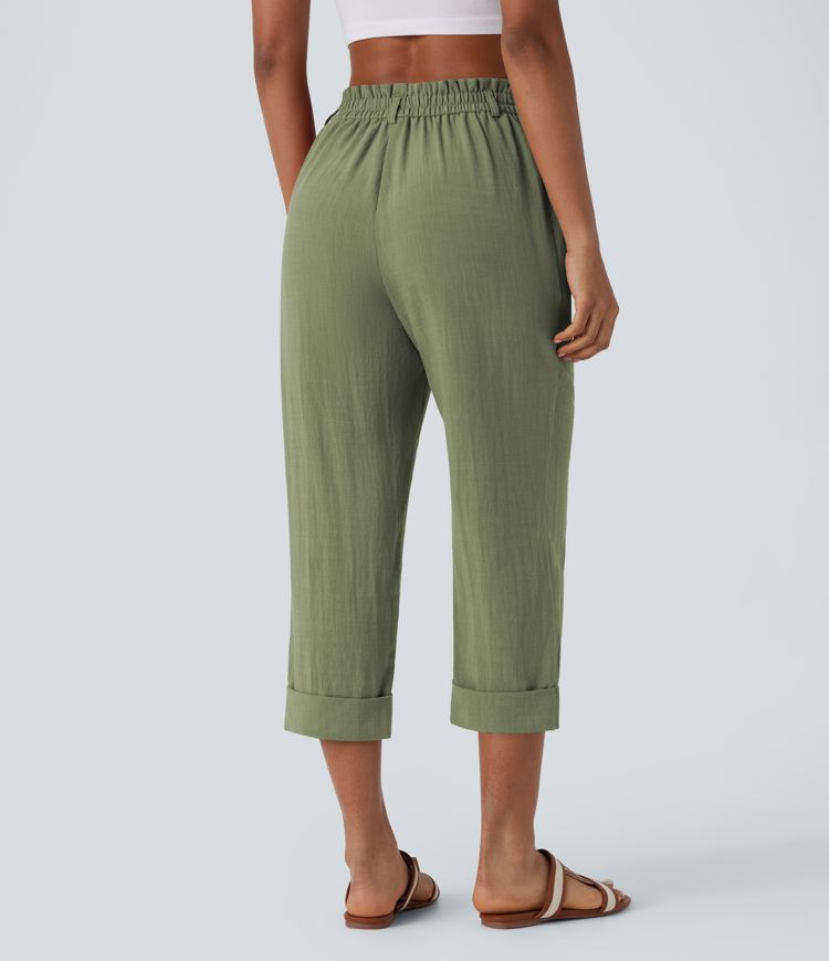 High Waisted Zipper Pocket Capri Linen-Feel Pants