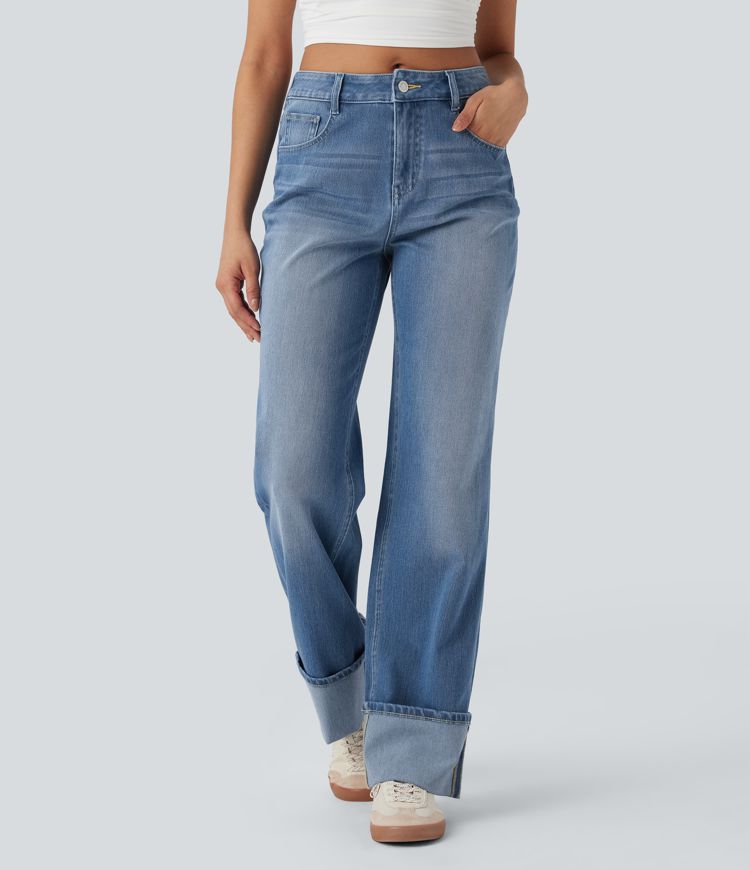 Halara Flex™ Mid Rise Rolled Hem Casual Straight Leg Jeans with Pockets