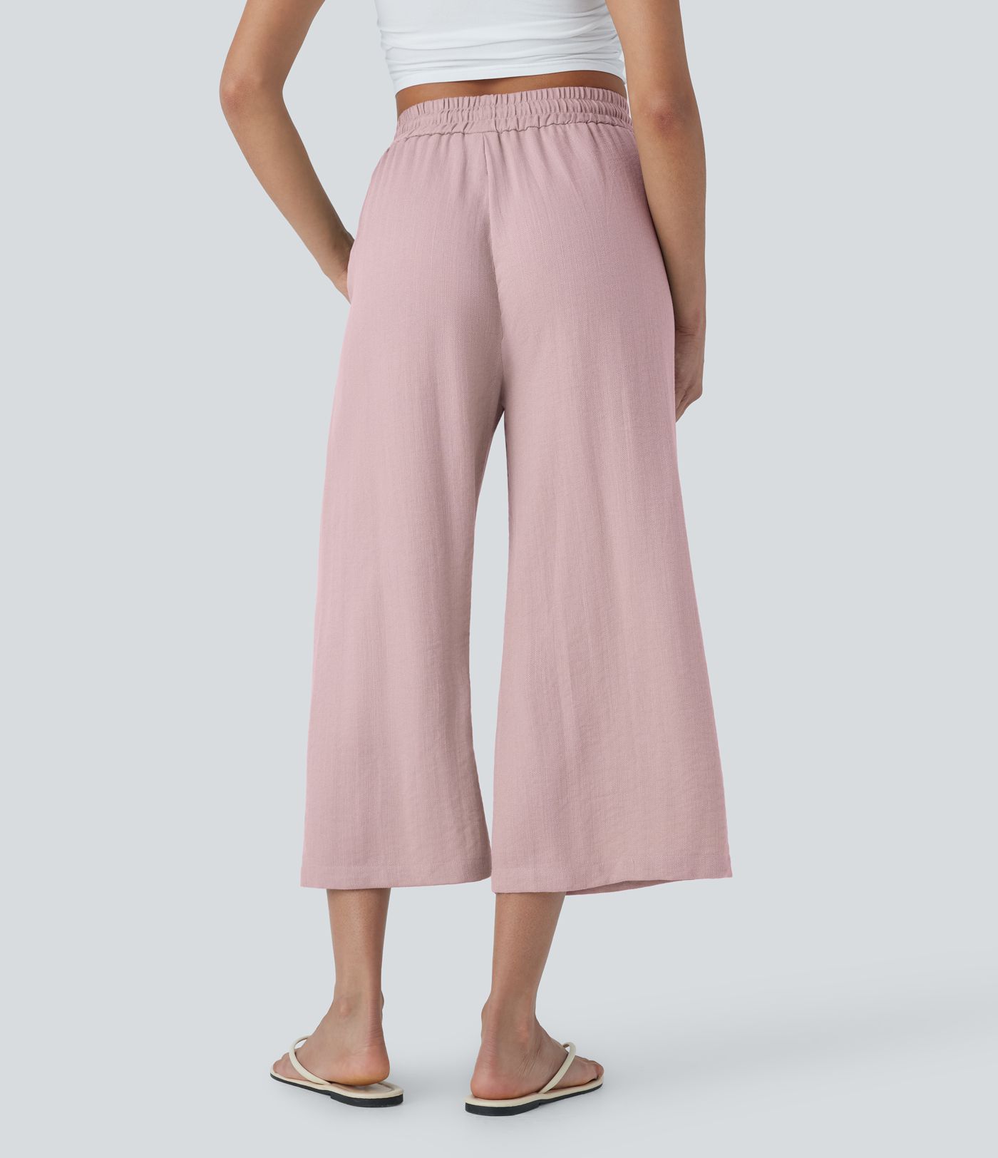 High Waisted Drawstring Wide Leg Cropped Casual Linen-Feel Pants with Pockets