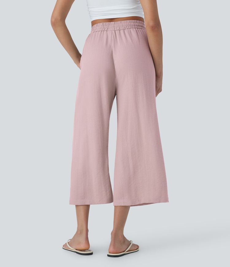 High Waisted Drawstring Wide Leg Cropped Casual Linen-Feel Pants with Pockets