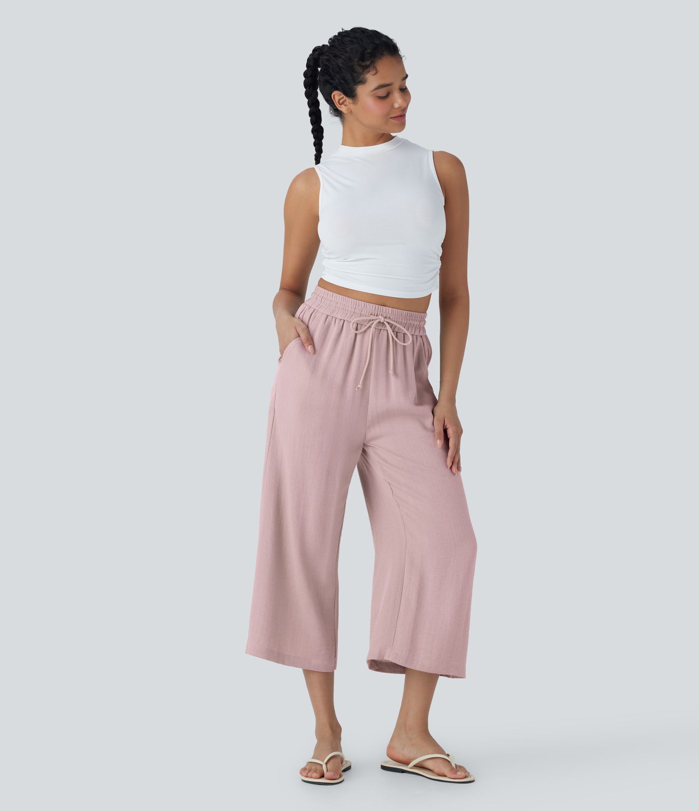 High Waisted Drawstring Wide Leg Cropped Casual Linen-Feel Pants with Pockets
