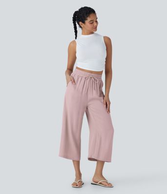 High Waisted Drawstring Wide Leg Cropped Casual Linen-Feel Pants with Pockets