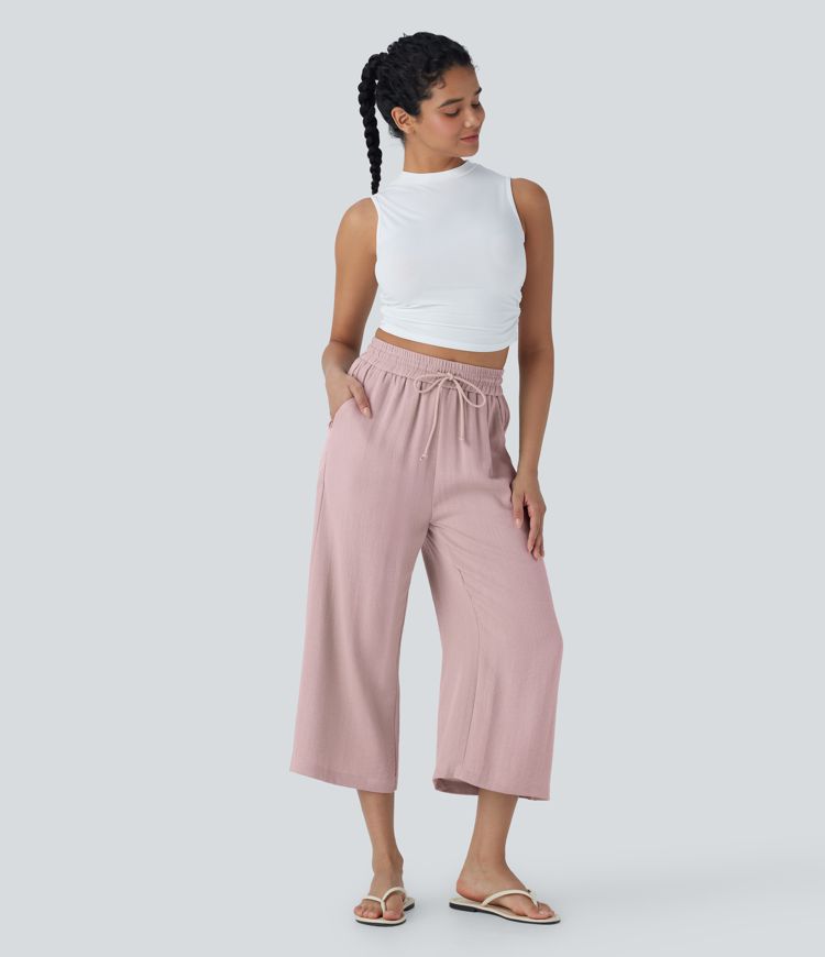 High Waisted Drawstring Wide Leg Cropped Casual Linen-Feel Pants with Pockets