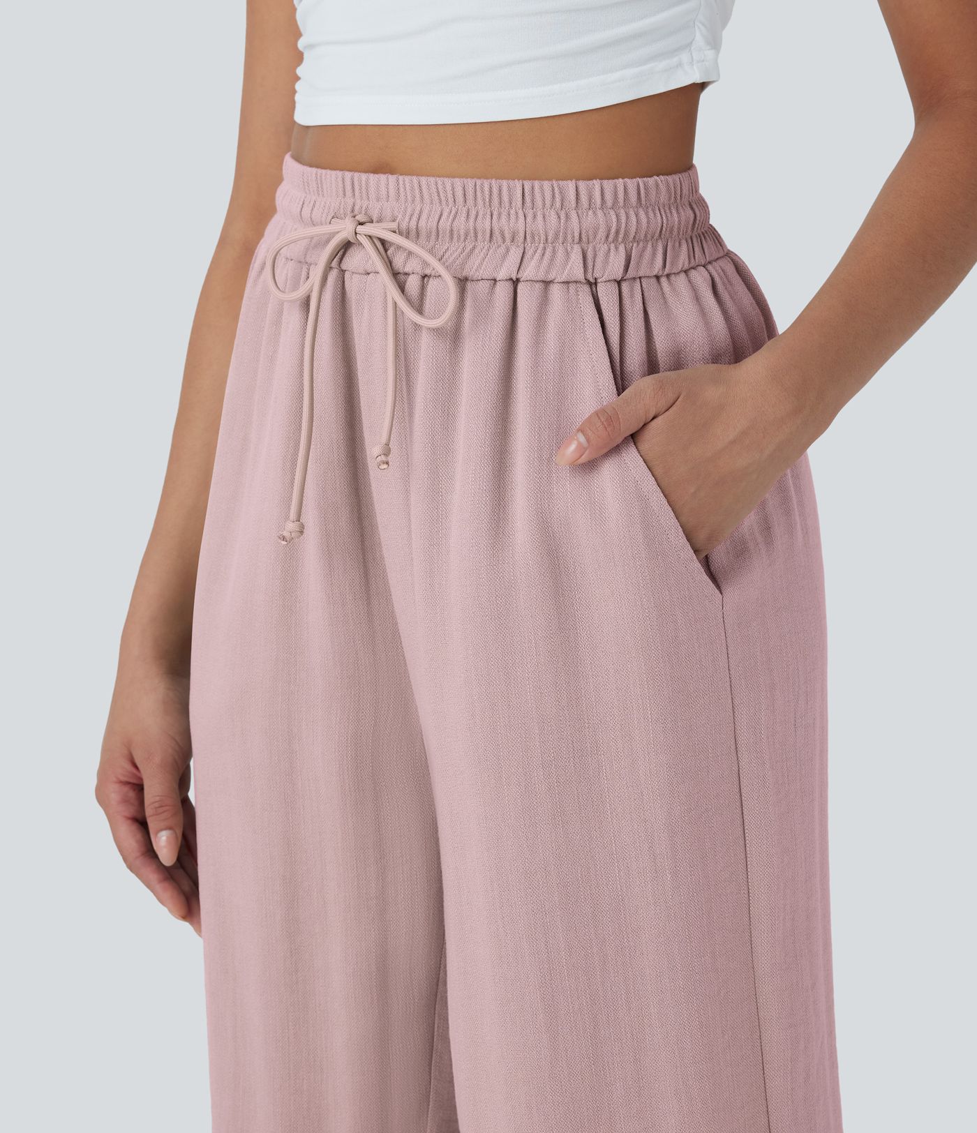 High Waisted Drawstring Wide Leg Cropped Casual Linen-Feel Pants with Pockets