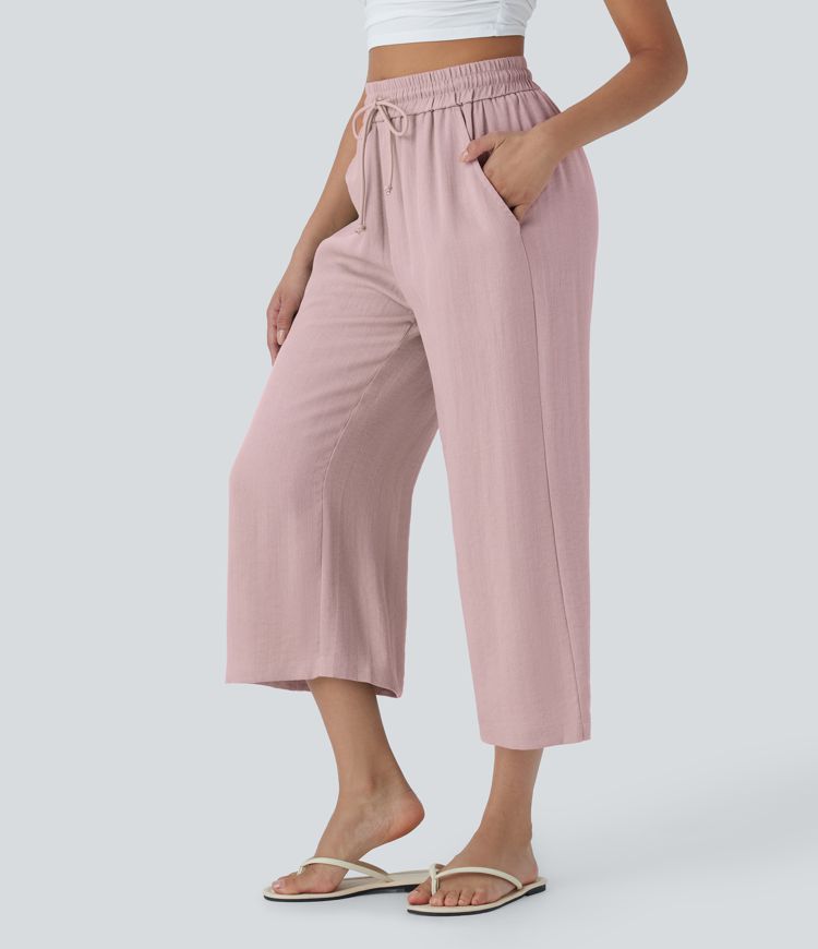 High Waisted Drawstring Wide Leg Cropped Casual Linen-Feel Pants with Pockets