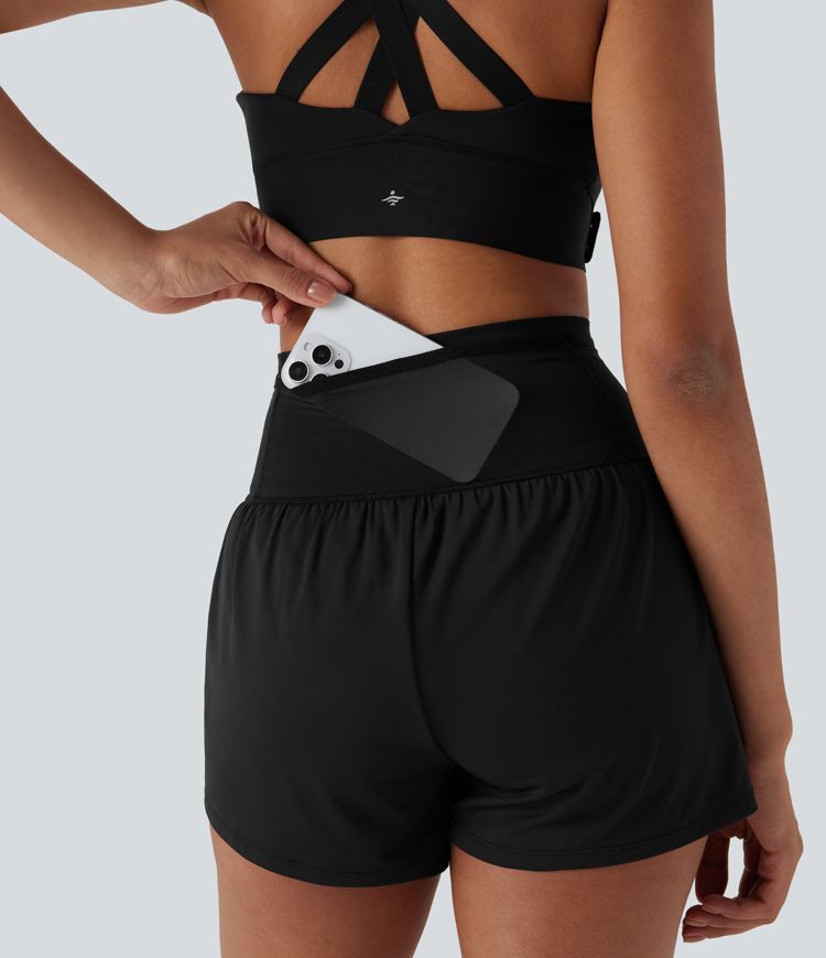 SpeedWave™ High Waisted Contrast Mesh 2-in-1 Quick Dry Running Shorts with Multiple Pockets