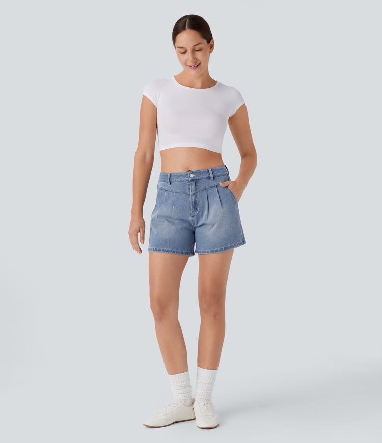 Halara Flex™ short décontracté taille haute en jean extensible délavé avec poches multiples