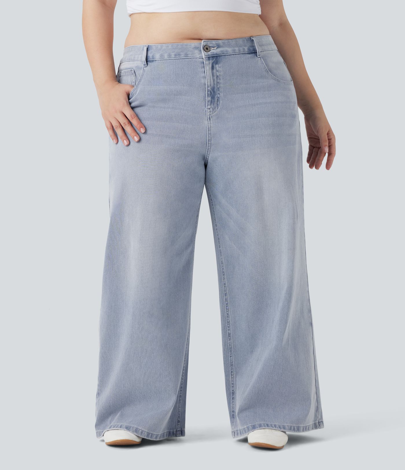 Τζιν Χαμηλής Μέσης σε Μεγάλα Μεγέθη Halara Flex™ με Πλατιά Μπατζάκια, Πλυμένο Casual Στιλ και Τσέπες