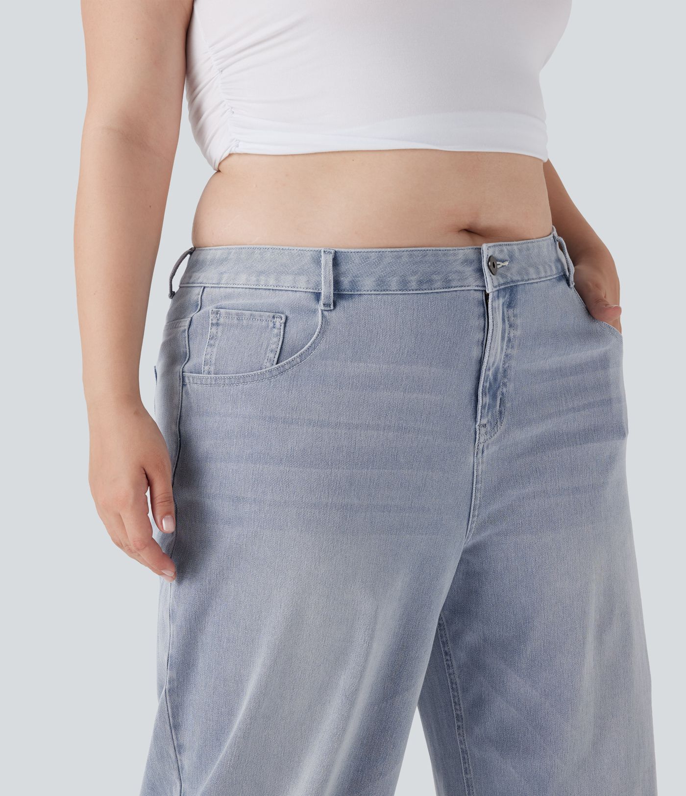 Τζιν Χαμηλής Μέσης σε Μεγάλα Μεγέθη Halara Flex™ με Πλατιά Μπατζάκια, Πλυμένο Casual Στιλ και Τσέπες