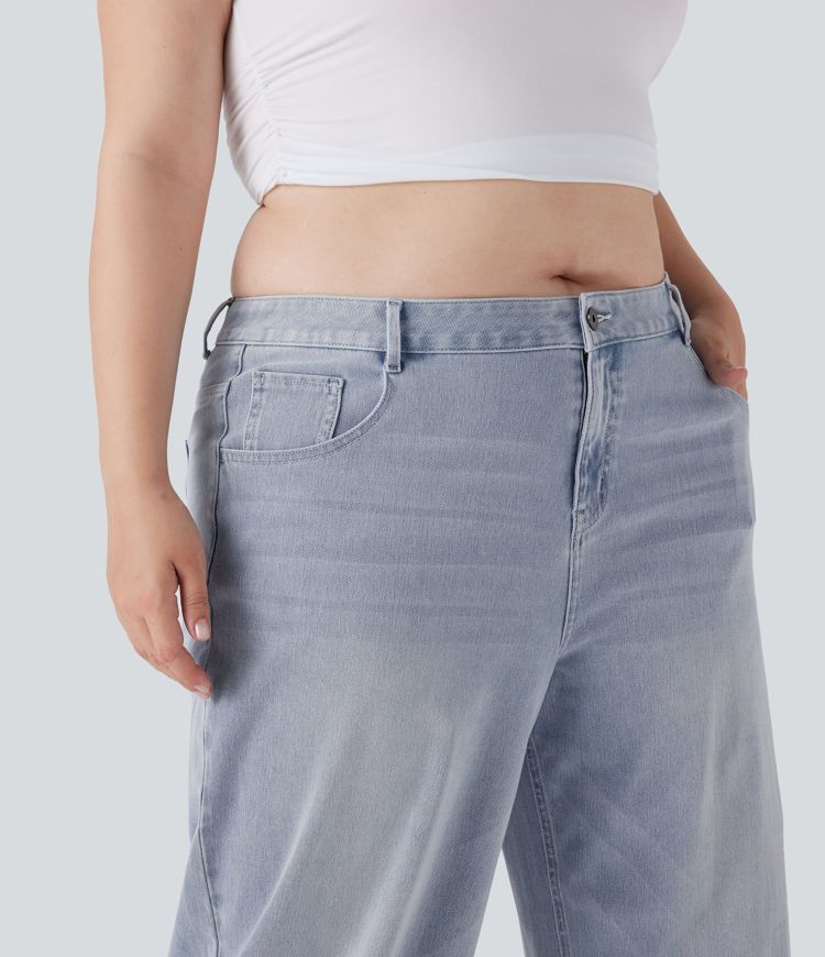 Τζιν Χαμηλής Μέσης σε Μεγάλα Μεγέθη Halara Flex™ με Πλατιά Μπατζάκια, Πλυμένο Casual Στιλ και Τσέπες