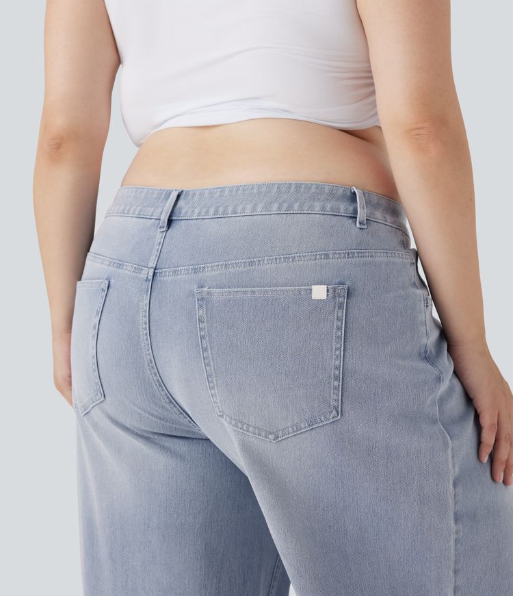 Τζιν Χαμηλής Μέσης σε Μεγάλα Μεγέθη Halara Flex™ με Πλατιά Μπατζάκια, Πλυμένο Casual Στιλ και Τσέπες