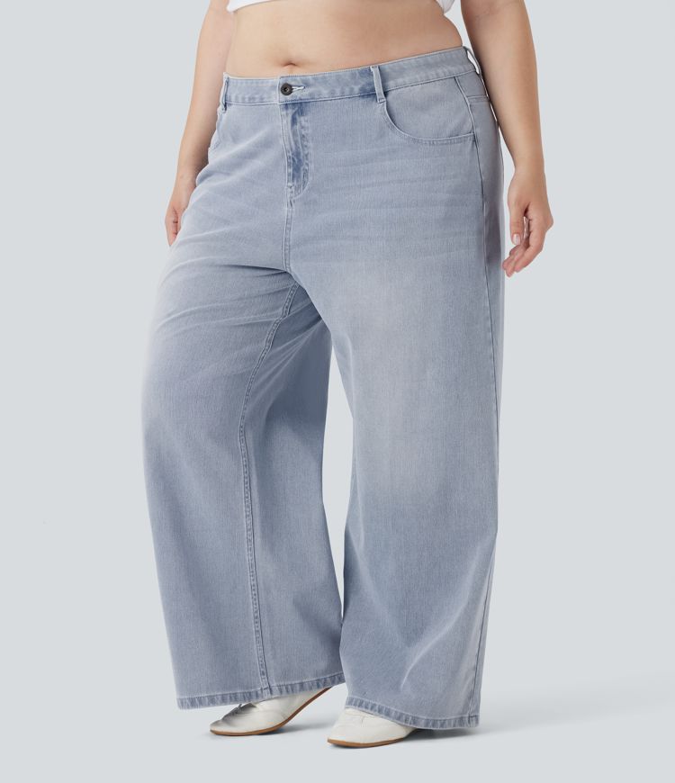 Plus Size Halara Flex™ Low Rise Wide Leg Washed Casual Jeans with Pockets