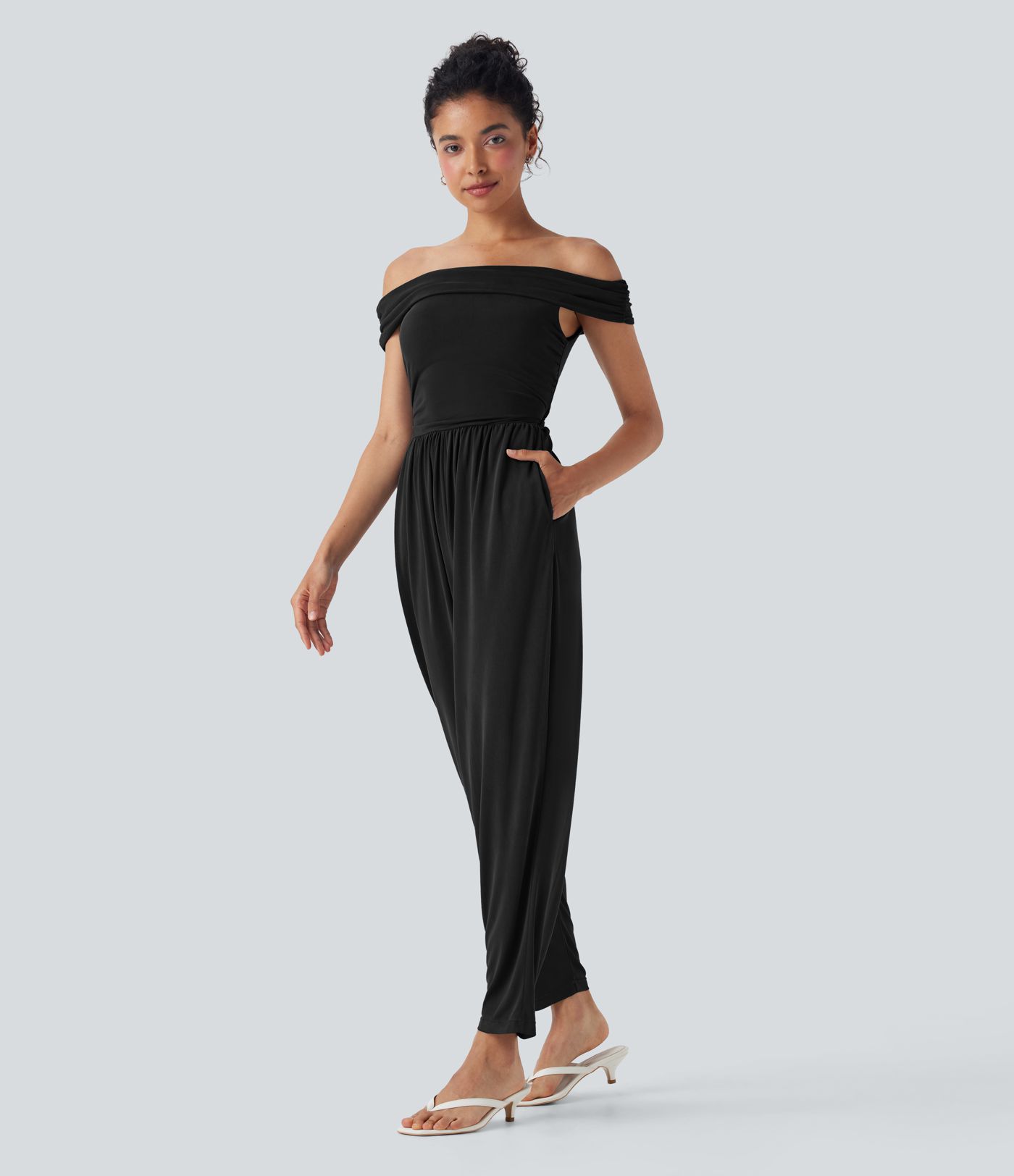 Off Shoulder Back Zipper Casual Jumpsuit with Pockets-Easy Peezy