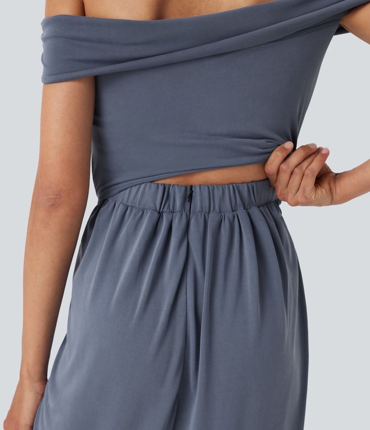 Off Shoulder Back Zipper Casual Jumpsuit with Pockets-Easy Peezy