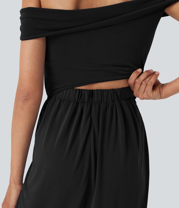 Off Shoulder Back Zipper Casual Jumpsuit with Pockets-Easy Peezy
