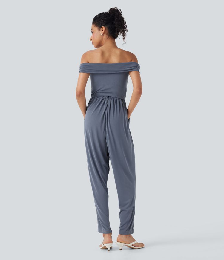 Off Shoulder Back Zipper Casual Jumpsuit with Pockets-Easy Peezy