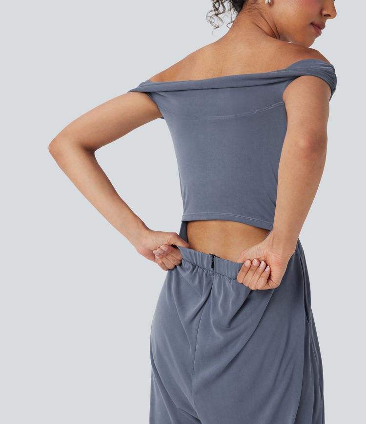 Off Shoulder Back Zipper Casual Jumpsuit with Pockets-Easy Peezy