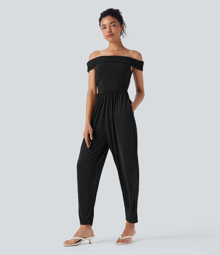 Off Shoulder Back Zipper Casual Jumpsuit with Pockets-Easy Peezy