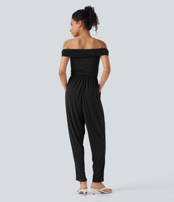 Off Shoulder Back Zipper Casual Jumpsuit with Pockets-Easy Peezy
