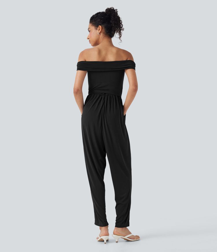 Off Shoulder Back Zipper Casual Jumpsuit with Pockets-Easy Peezy