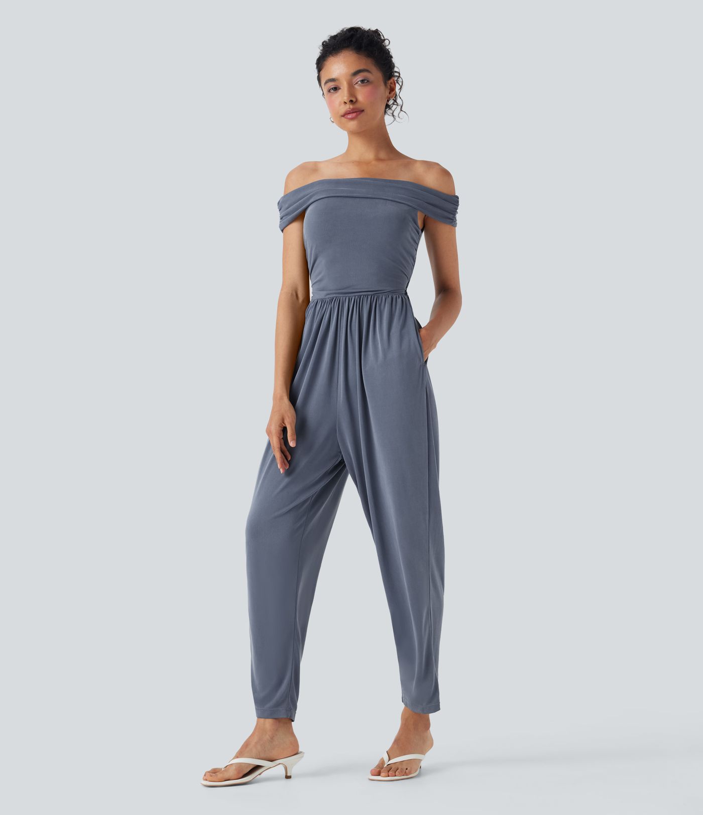 Off Shoulder Back Zipper Casual Jumpsuit with Pockets-Easy Peezy