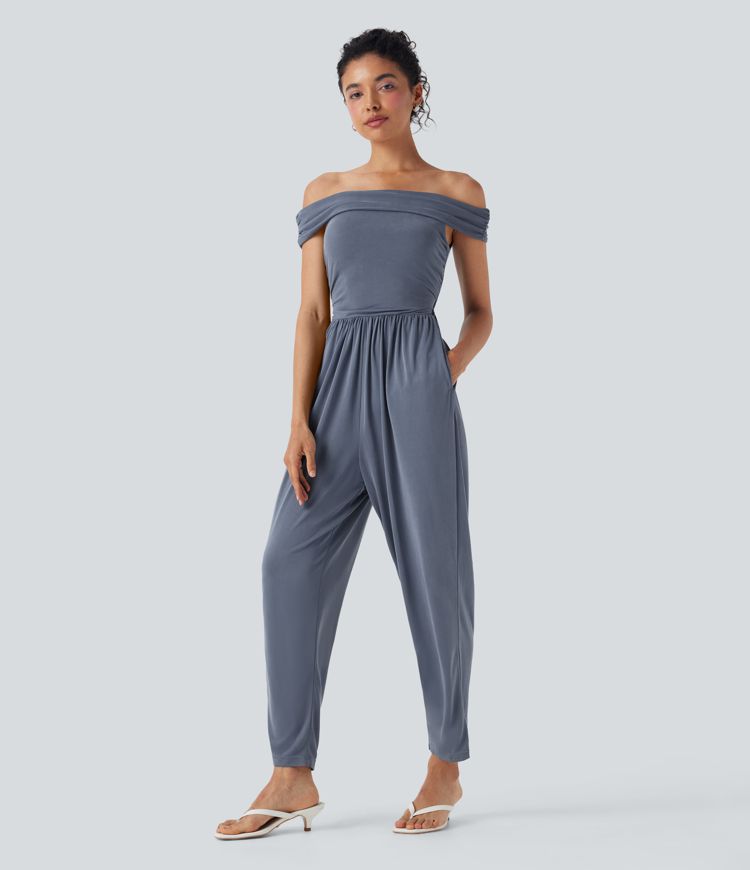Off Shoulder Back Zipper Casual Jumpsuit with Pockets-Easy Peezy