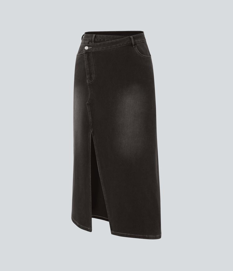Jupe longue décontractée denim asymétrique taille mi-haute Halara Flex™ avec fente et multiples poches