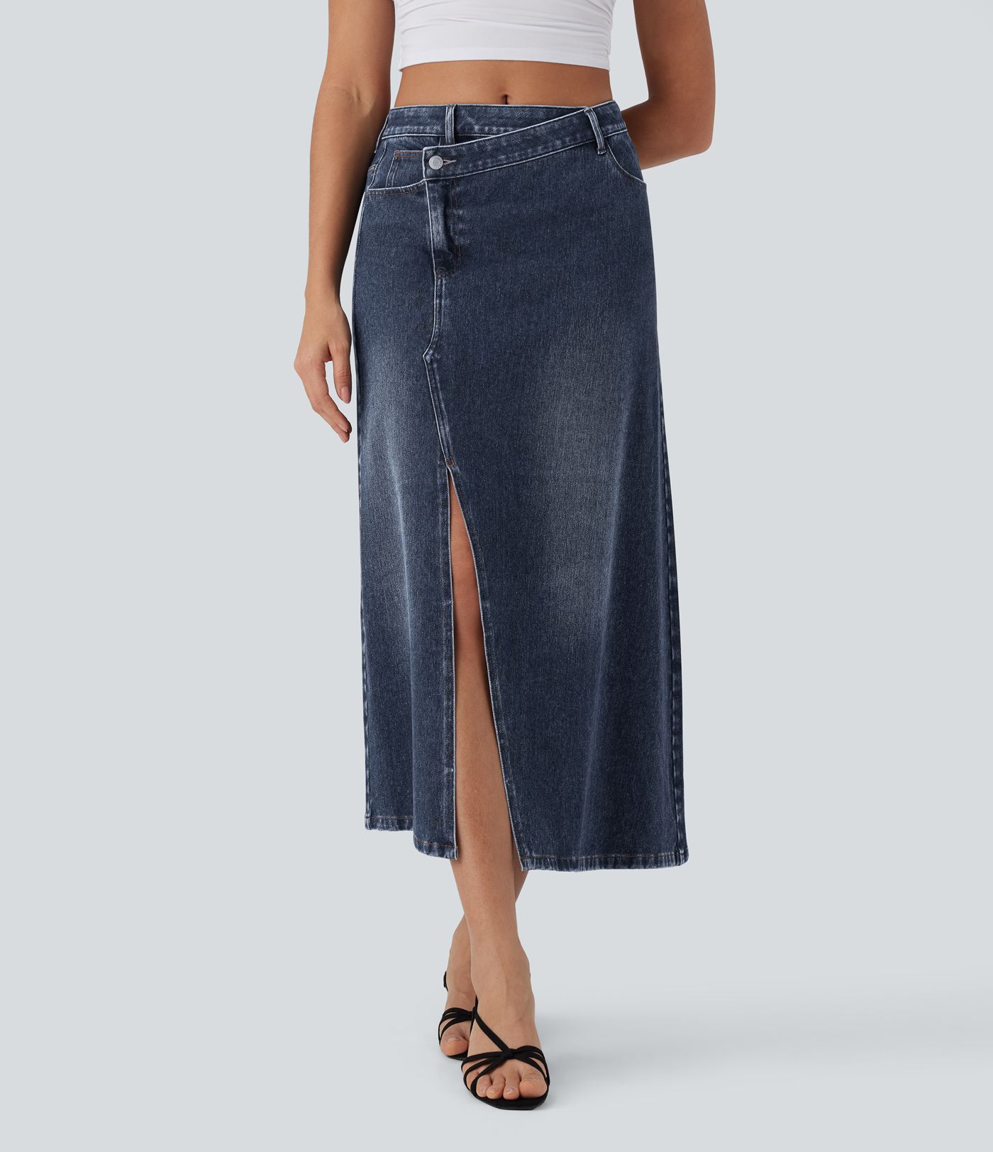 Jupe longue décontractée denim asymétrique taille mi-haute Halara Flex™ avec fente et multiples poches
