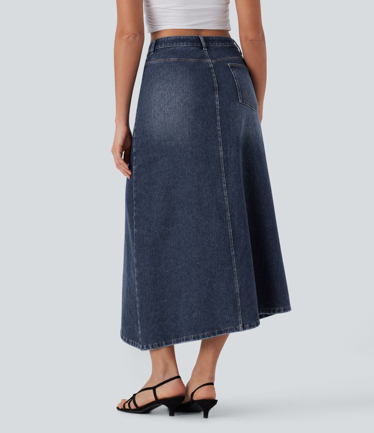 Jupe longue décontractée denim asymétrique taille mi-haute Halara Flex™ avec fente et multiples poches