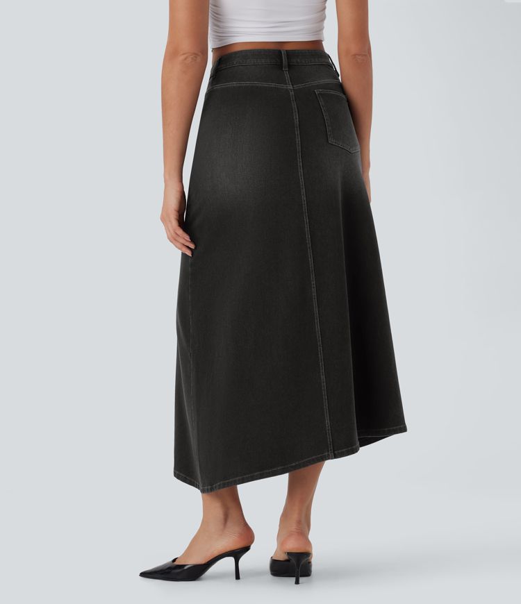Jupe longue décontractée denim asymétrique taille mi-haute Halara Flex™ avec fente et multiples poches