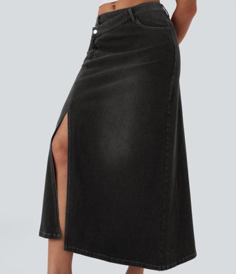 Jupe longue décontractée denim asymétrique taille mi-haute Halara Flex™ avec fente et multiples poches