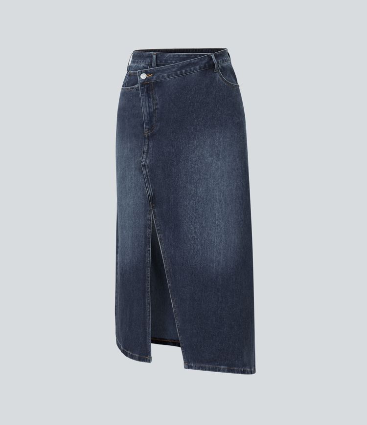 Jupe longue décontractée denim asymétrique taille mi-haute Halara Flex™ avec fente et multiples poches