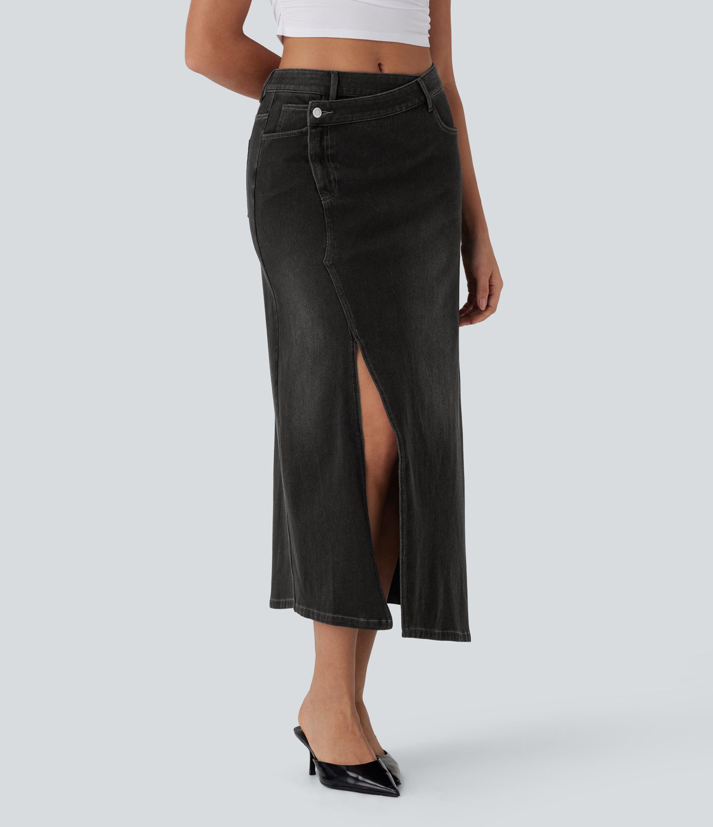 Jupe longue décontractée denim asymétrique taille mi-haute Halara Flex™ avec fente et multiples poches