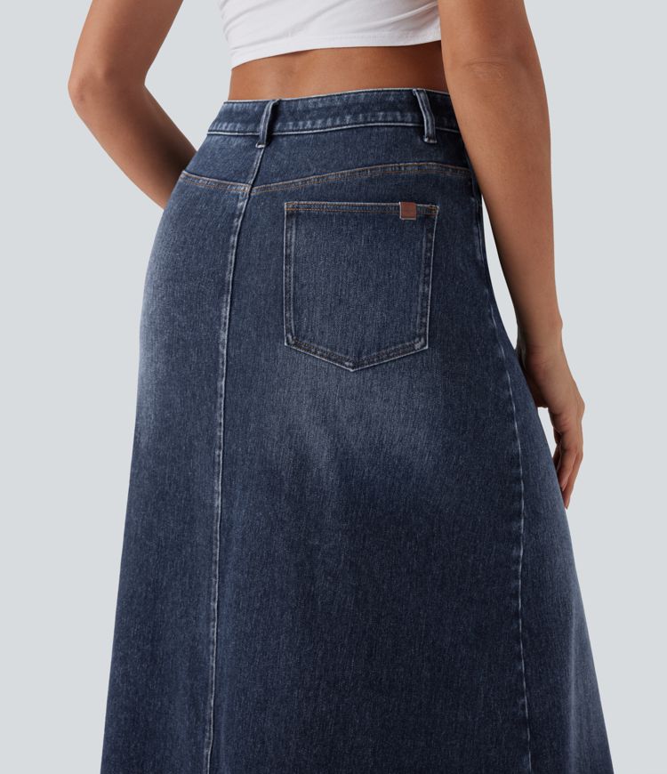Jupe longue décontractée denim asymétrique taille mi-haute Halara Flex™ avec fente et multiples poches