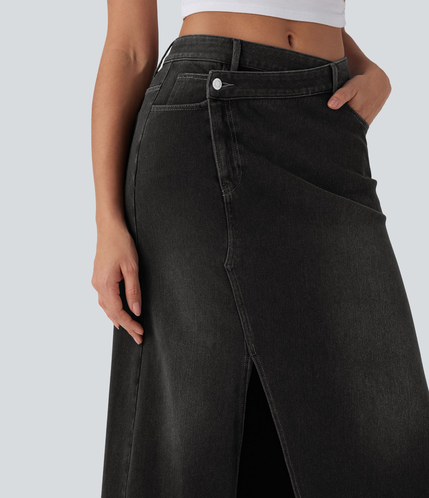Jupe longue décontractée denim asymétrique taille mi-haute Halara Flex™ avec fente et multiples poches