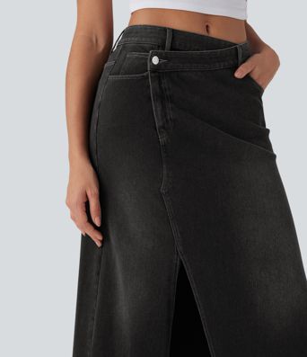 Jupe longue décontractée denim asymétrique taille mi-haute Halara Flex™ avec fente et multiples poches