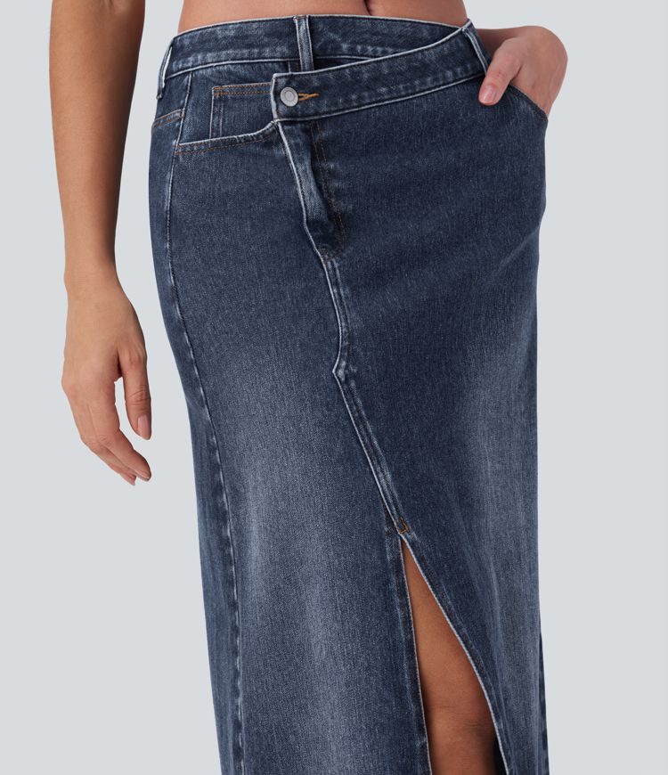 Jupe longue décontractée denim asymétrique taille mi-haute Halara Flex™ avec fente et multiples poches