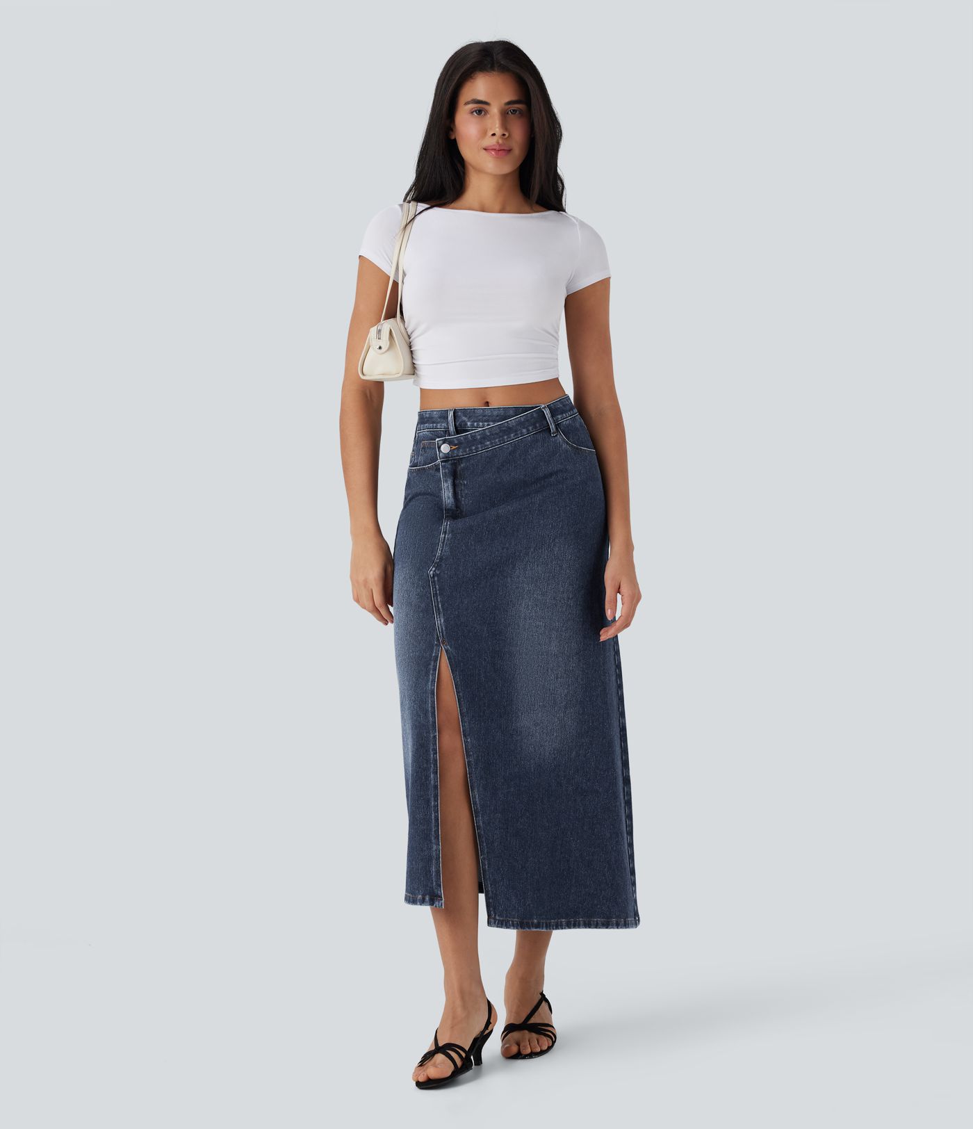 Jupe longue décontractée denim asymétrique taille mi-haute Halara Flex™ avec fente et multiples poches