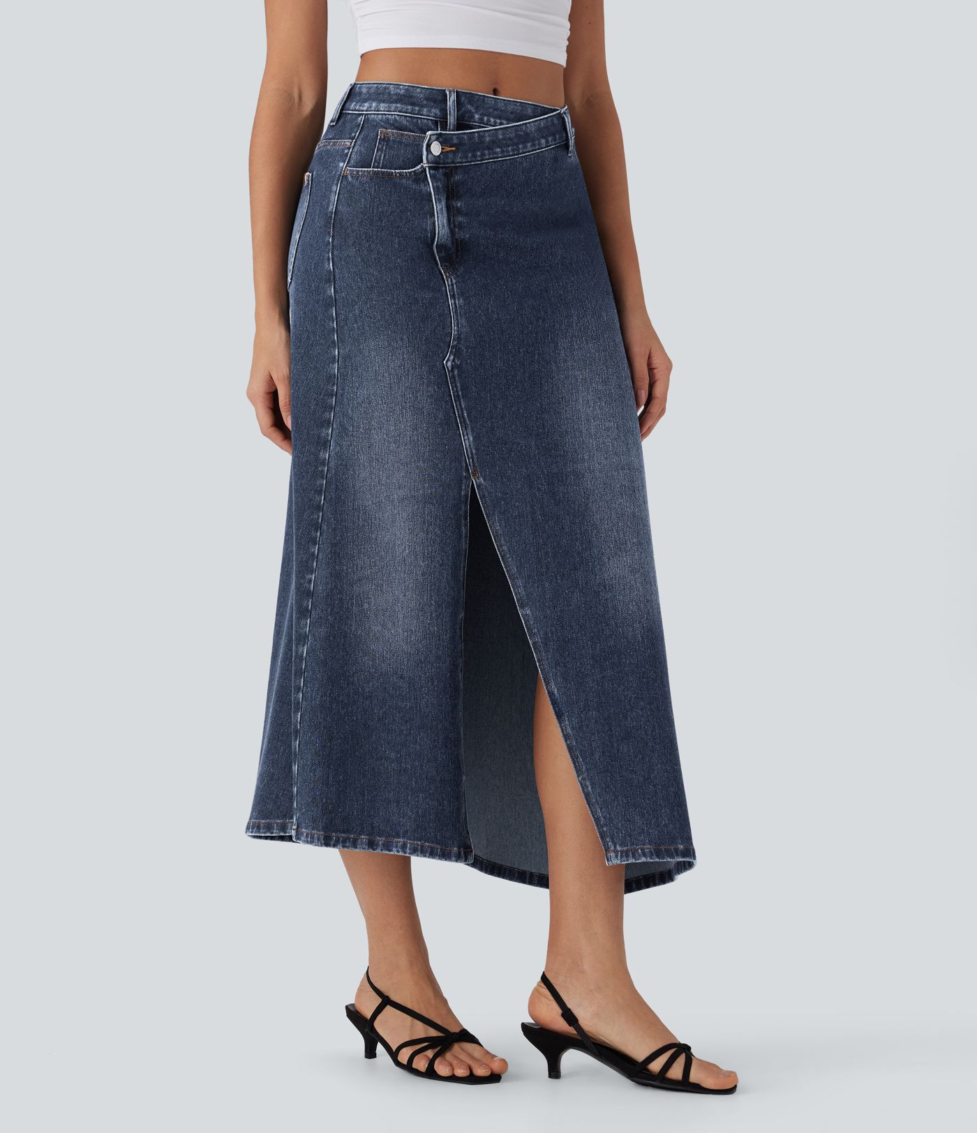 Jupe longue décontractée denim asymétrique taille mi-haute Halara Flex™ avec fente et multiples poches