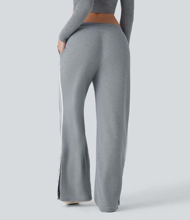 Low Rise Drawstring Color Block Snap Waffle Casual Wide Leg Pants with Pockets