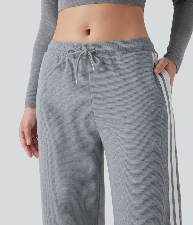 Low Rise Drawstring Color Block Snap Waffle Casual Wide Leg Pants with Pockets