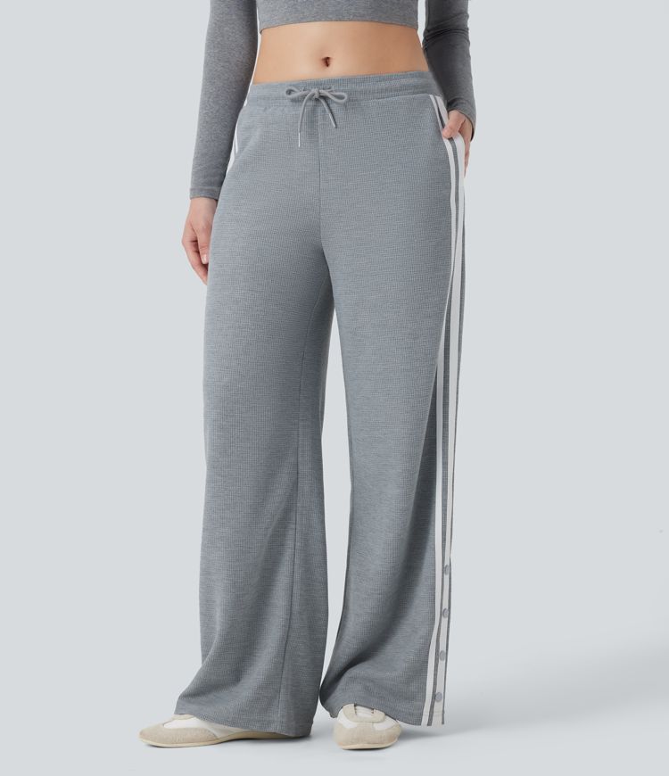 Low Rise Drawstring Color Block Snap Waffle Casual Wide Leg Pants with Pockets