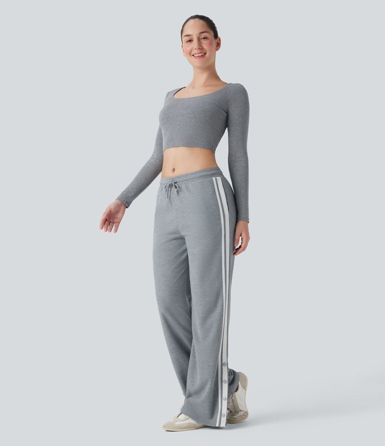 Low Rise Drawstring Color Block Snap Waffle Casual Wide Leg Pants with Pockets