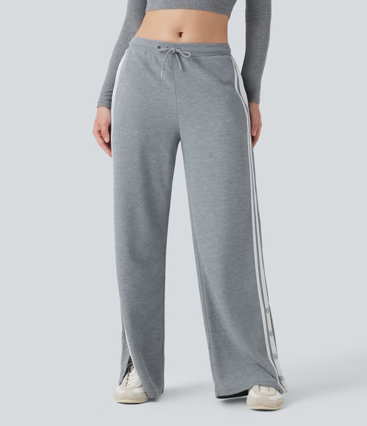 Low Rise Drawstring Color Block Snap Waffle Casual Wide Leg Pants with Pockets