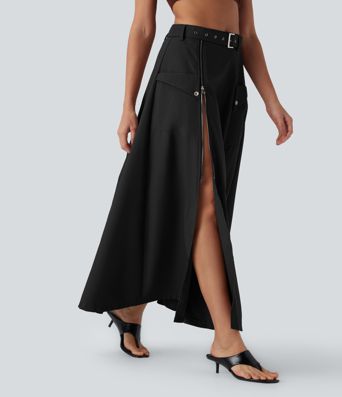 Orta Bel Kemerli, Fermuarlı Cepli Günlük Maksi Etek